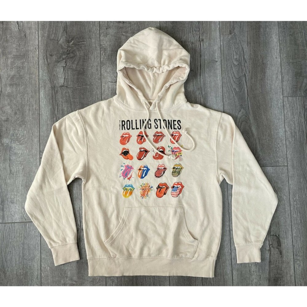 The Rolling Stones Tongue Evolution Logo Beige Unisex Adult Pullover Hoodie